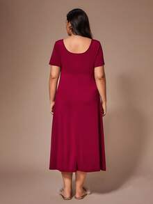 Lazeform Plus Size Women Casual Fitted Drawstring Decor Solid Color Knit Long Nightgown - Burgundy - View 2