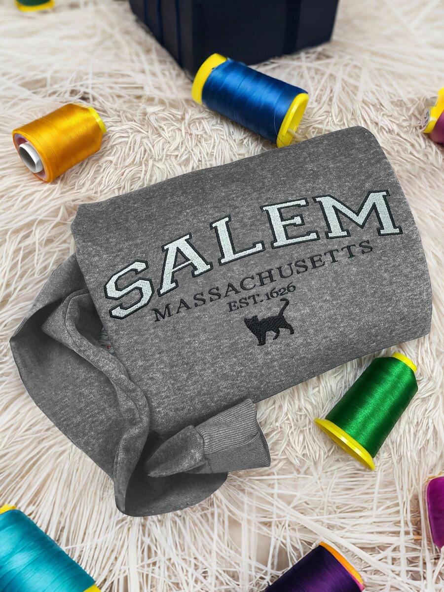 INAWLY Plus Size Salem Massachusetts Embroidered Sweatshirt Mineral Wash Charcoal Grey Plus Size Crewneck Pullover Heavy Embroidery Applique Black Cat Graphic Vintage Tourist Style Curvy Fit Soft Fleece Lounge Top Spooky Season Fashion Retro Fall Autumn Winter New Arrival 2026 - Multicolor - View 1