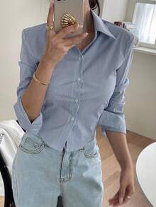 DAZY 女士休闲通勤条纹长袖衬衫