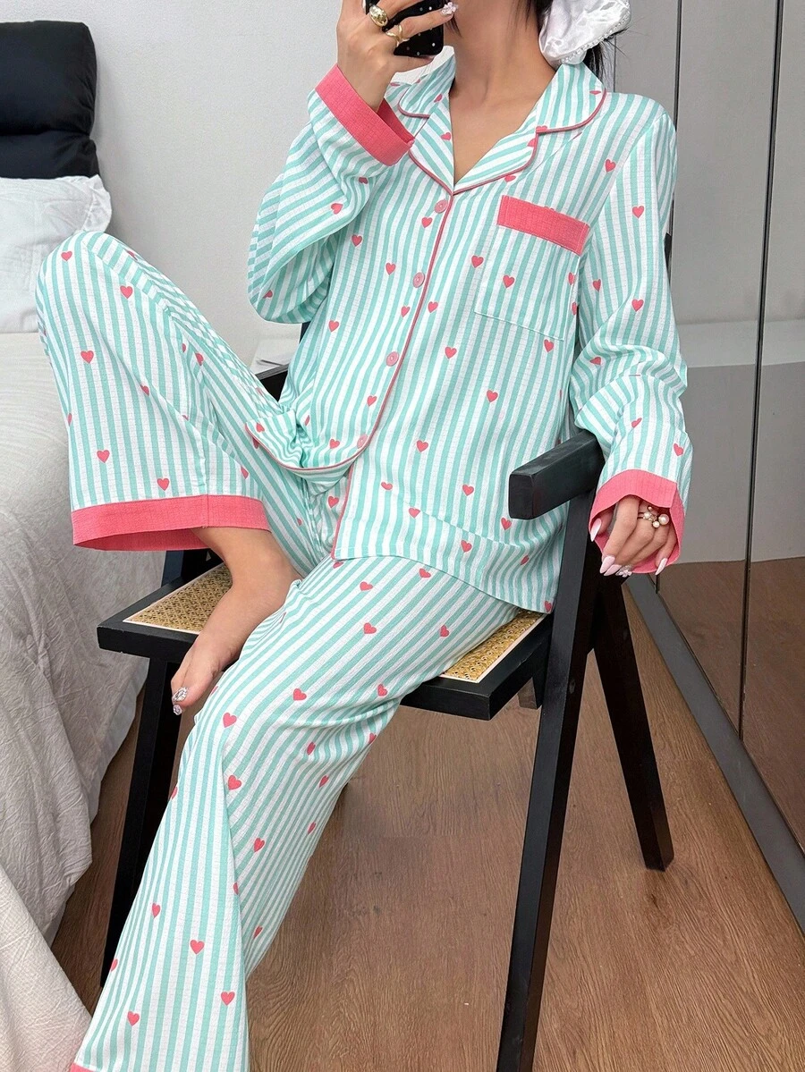 Dream Adore Striped Heart Patchwork Collar Top And Pants Pajama Set Flamingo Pajamas Striped Pajama Set Kawaii Pajamas Comfy Pajamas Set, Fall Winter Clothes - Mint Green - View 1