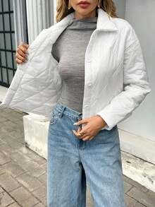 Chiquease Chaqueta acolchada con cuello de botones frontales casual para mujer, otoño/invierno - Albaricoque - Ver 6