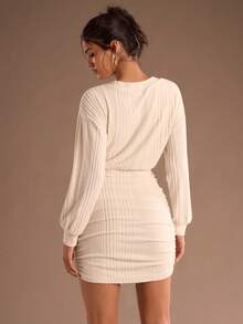 Calvaya Casual Women's Apricot V Neck Bodycon Mini Dress, Designed With Ribbed Fabric, Batwing Long Sleeves, And Flattering Ruched Details For A Look Sweater Dresses Knit Dress - Apricot - View 2