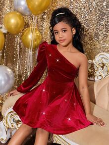 SHEIN 少女圣诞派对丝绒亮片不对称露肩长袖连衣裙，丝绒红色公主裙，红色女童套装，新年女童套装，红色迷你裙，舞会礼服，公主裙，仙女裙，完美圣诞女童连衣裙，单肩连衣裙，少女情人节连衣裙，少女新年夜连衣裙，吊带派对连衣裙，少女新年夜连衣裙 - 紅色 - 查看 6