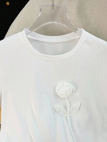SHEIN 女士 3D 花卉印花圆领短袖休闲 T 恤 - 白色 - 查看 3