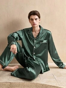 Conjunto de pijama de pantalón y top de manga larga con ribete de contraste para hombre, ropa de otoño e invierno - Verde - Ver 5