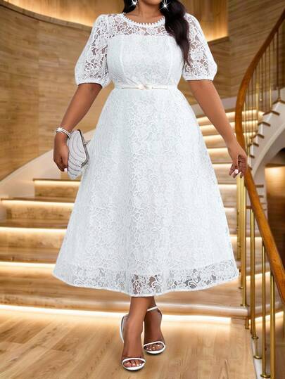 SHEIN Lady Spring And Summer Elegant Commuting Office Party Valentine's Day Cocktail Party Concert/Music Festival White Knitted Lace Round Neck Flared Puff Sleeve Ruffle Neck Midi Short Sleeve Plus Size Dresses Plus Size Women's Round Neck Puff Sleeve Lace Elegant Dress Dresses For Women Elegant Elegant Dresses For Women White Dresses Classy Elegant Mother Of The Bride Dresses For Wedding Classy Outfits For Women Elegant Dresses Elegant Dress