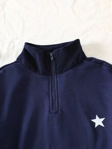 Genkimix Kids 适合大龄女孩秋冬季的超大蓝色星星图案休闲街头风卫衣 - 藏蓝色 - 查看 2