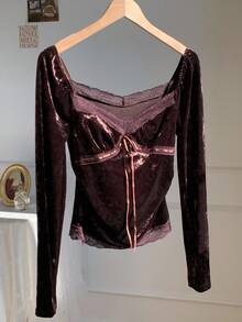 SHEIN EZwear Plus Size Women's Elegant Lace Patchwork Bow Decor Velvet Fitted T-Shirt, Spring/Autumn - Brown - View 3