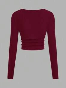 SHEIN EZwear Áo thun dài tay ôm sát cổ chữ V nhún eo nhiều màu sắc cho nữ, thường ngày & đa năng, mùa đông - Nhiều màu - Xem 8