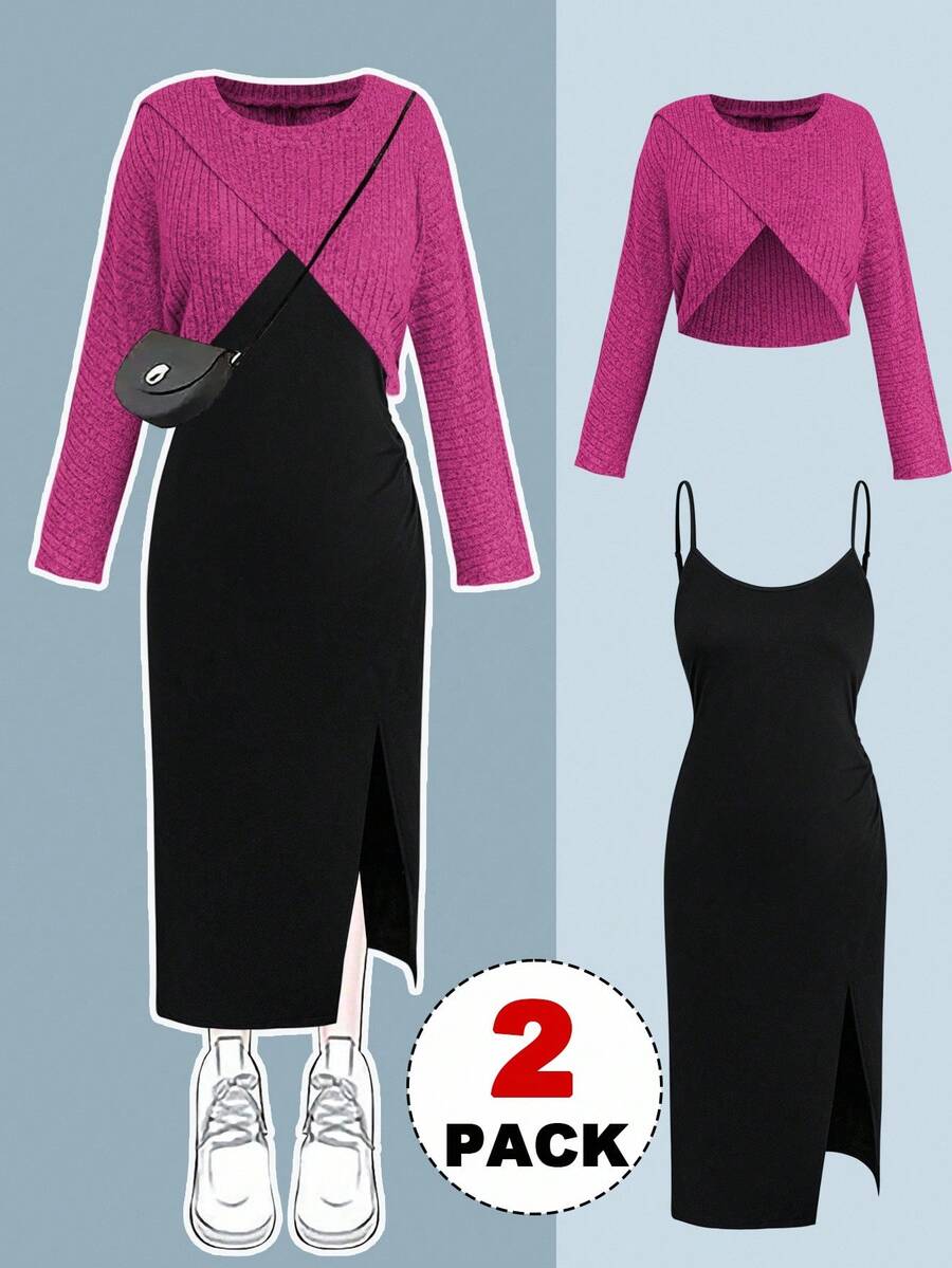 Flirla Plus Size Autumn/Winter Ribbed Asymmetric Design Top + Spaghetti Strap Pleated Split Contrast Color Dress 2 Pieces Set - Multicolor - View 1