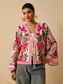 Travachic Retro Print Tie Front Casual Plus Size Blouse For Women Boho Blouses Women S Blouses For Summer Silk Blouse Women Blouses For Summer Anthropologie Clothes Cozy Fall And Winter Clothes For Women Elegant Pink Tops