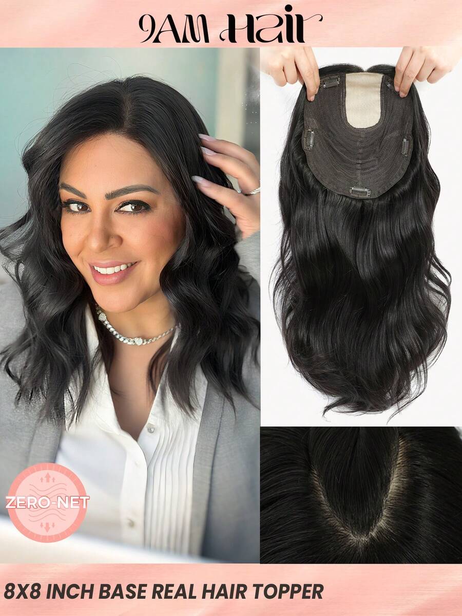 真人发片 8x8 英寸基础发片 适合稀疏头发的女性 真发片 女士发片 真人发片 - Natural Black - 查看 1