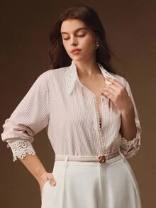 Anewsta Áo cánh nữ cỡ lớn họa tiết ren vá sọc thanh lịch, áo sơ mi thời trang cho năm mới và Giáng sinh - Màu Hồng  San hô - Xem 3