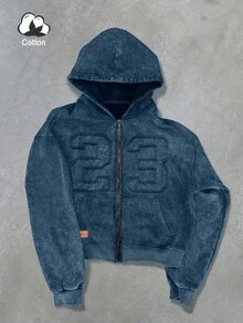 PAVTROS 男士落肩拉链休闲连帽卫衣，字母图案，秋季款 - 藍色 - 查看 1