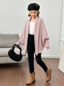 SHEIN Cardigan ample à manches chauve-souris décontracté pour préadolescentes, convient pour la maison, les sorties et l'école, automne/hiver - Rose pâle - Voir 5