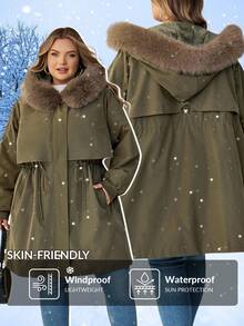 SHEIN CURVE+ Plus Size Women Casual Army Green Winter Parka,Hiking Long Padded Coat With Fur Hood,Lined,Drawstring Waist,Pockets,Ribbed Cuffs,Winter Jacket,8xl - Army Green - View 9
