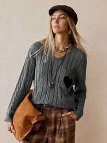 Chiquease Women's Heart Pattern Pocket Design Bohemian Minimalist Pullover Sweater, Autumn/Winter - Grey - View 7
