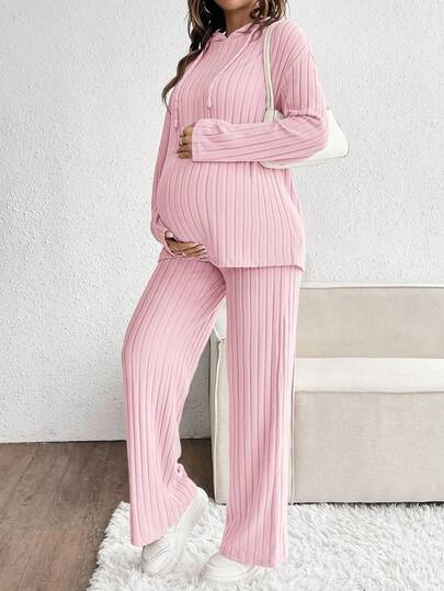 SHEIN 2pcs Maternity Set: Solid Color Drop Shoulder Long Sleeve Hooded Sweatshirt And Adjustable Waist Pants, Casual 2 Piece Lounge Sets Woman Pregnancy Clothes Maternity 2 Piece Set Maternity Clothes Two Piece Suits Ribbed Two Piece Set