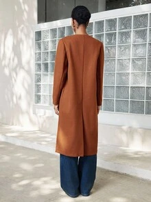 SHEIN Luminelle 女士秋冬时尚双排扣开衩羊毛大衣 - 棕色 - 查看 2