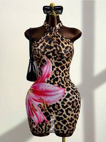 Zestiva Women's Sexy Positioning Leopard Print Backless Crossed Front Hem Skirt Cover-Up, Summer - Multicolor - View 1