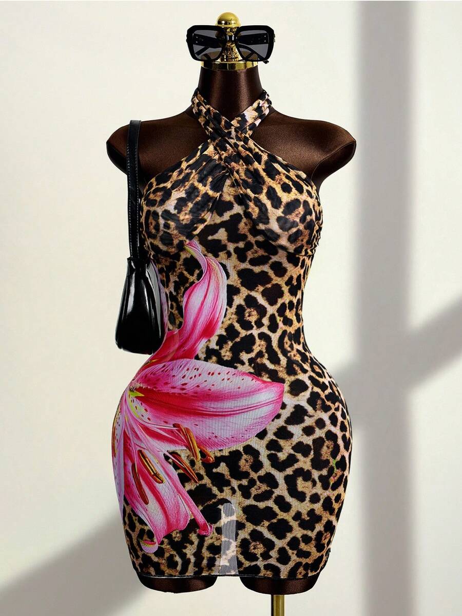 Zestiva Women's Sexy Positioning Leopard Print Backless Crossed Front Hem Skirt Cover-Up, Summer - Multicolor - View 1