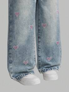 SHEIN Explorewe Girls' Fashionable Casual Heart Embroidery Loose Straight Leg Jeans - Medium Wash - View 6