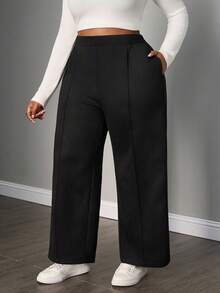 SHEIN PETITE CURVE Quần xếp ly màu trơn cỡ lớn dành cho nữ Petite - màu đen - Xem 3