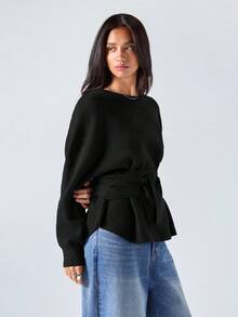 LYSMO Damen Einfarbig Rundhals Langarm Taille Krawatte Lässig Pullover, Herbst/Winter, Drop-Shoulder