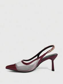 CUCCOO SZL Sepatu Hak Tinggi Wanita Ujung Lancip dengan Rantai Logam, Jala, Seksi & Elegan Warna Merah Slingback Stiletto - Burgundy - View 5