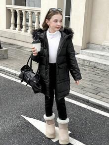 SHEIN Manteau long matelassé à capuche et fermeture éclair pour filles préadolescentes, avec poches, polyvalent pour les sorties, automne/hiver - Noir - Voir 14