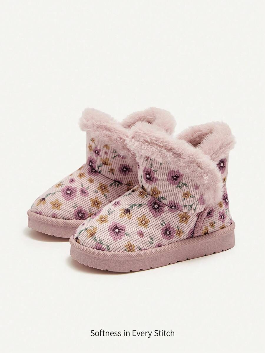 Cozy Pixies 1 Pair Of Girl Pink Flower Fashion Design Elegant, Cute, Light And Easy To Wear, Velvet Warm Winter Shoes Are Suitable For Home Leisure And Going Out To Play Snow Boots - Pink - View 1