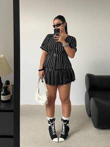 SHEIN POPSWAY Plus Size Women Sweetheart Collar Short Sleeve Single-Breasted Casual Striped Shirt - Multicolor - View 5