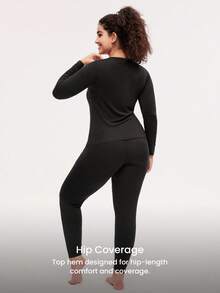 LUVLETTE Plus Women's Thermal Underwear Ultra-Soft Base Layer Cold Weather Warm Winter PJ Set Round Neck Top And Long Bottoms - Black Lightweight And Warm Set Pajama Sets