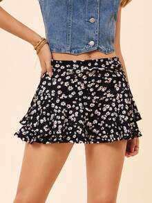 Coeurva Ditsy Floral Print Two Layer Beach Summer Hem Mini Skirt - Black - View 2
