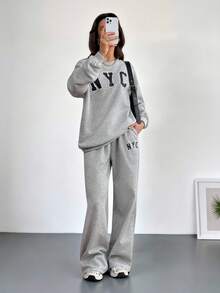 SHEIN Tall 2pcs Women NYC Off-Shoulder Loose Sweatshirt And Flared Long Sweatpants Set, Thick Thermal Lined, Suitable For Autumn/Winter Back To School Teacher - Grey - View 1