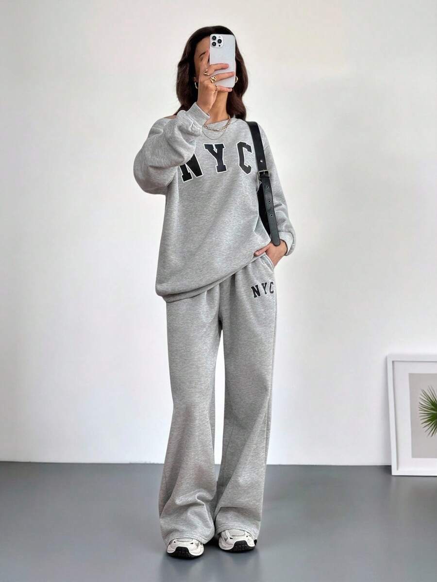 SHEIN Tall 2pcs Women NYC Off-Shoulder Loose Sweatshirt And Flared Long Sweatpants Set, Thick Thermal Lined, Suitable For Autumn/Winter Back To School Teacher - Grey - View 1
