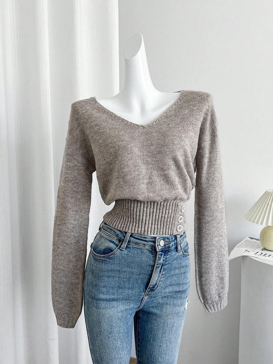 EMERY ROSE Women's Casual Button Decor Waist Fitted Sweater, Autumn - Grey - View 1