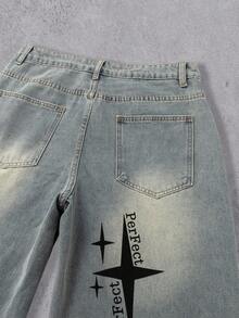 Manfinity Denimwave Men's Street Style Wing Print Distressed Washed Wide Leg Jeans Stacked - Blue - View 12