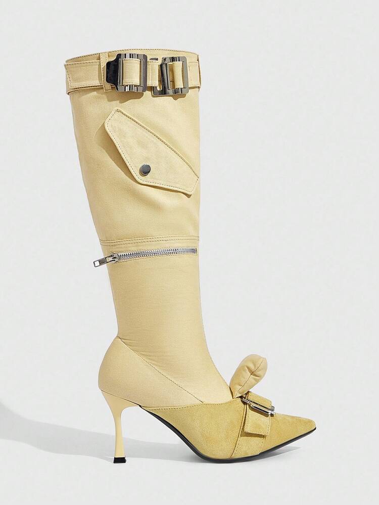 Pointed Toe Knee High Boots With Buckle Details