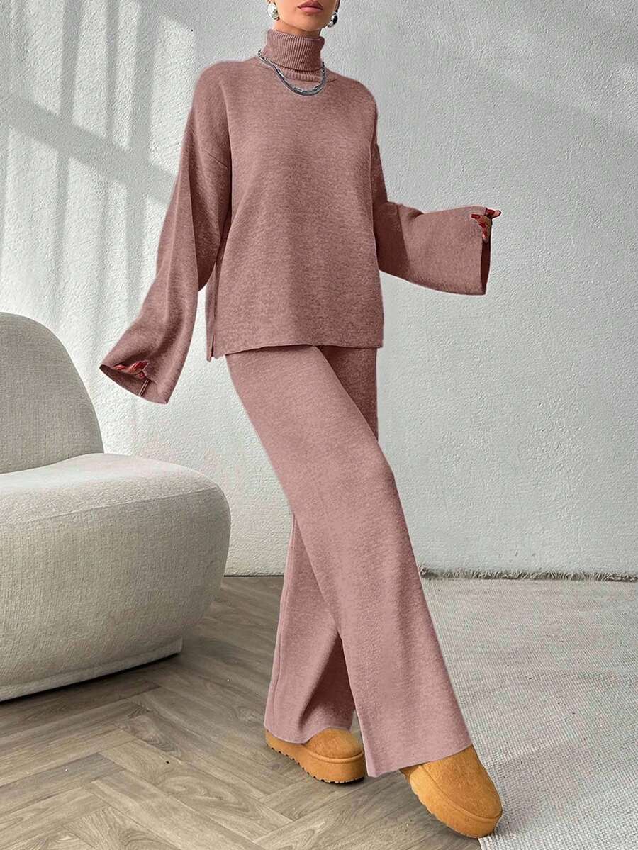 SHEIN Cottnline 女式纯色高领落肩长袖毛衣和针织裤休闲套装,秋冬 - 乾枯玫瑰色 - 查看 1