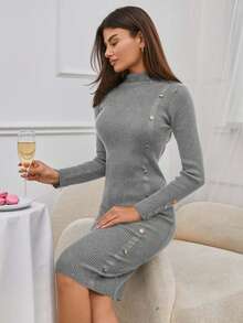 EURMUSE Mock Neck Button Front Sweater Dress Without Belt - Grey - View 3