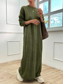 SHEIN 休闲宽松纯色长袖女式麻花图案毛衣裙 - 薄荷綠 - 查看 9