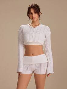 Glamine Charm Women's White Long Sleeve Cropped Exposed Waist Round Neck Button Elegant Knit Cardigan Sweater - White - View 1