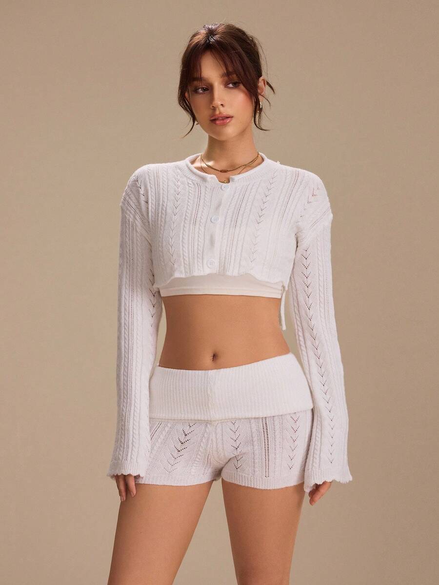 Glamine Charm Women's White Long Sleeve Cropped Exposed Waist Round Neck Button Elegant Knit Cardigan Sweater - White - View 1