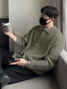 DAZY Men's Solid Light Green Casual Cardigan, Suitable For Commuting, Autumn