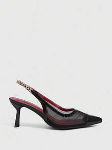 CUCCOO SZL Sepatu Hak Tinggi Wanita Ujung Lancip, Dekorasi Rantai Logam, Bagian Atas Jala, Lapisan Merah Seksi, Desain Tanpa Punggung Elegan, Sandal Hak Asimetris - Hitam - View 3