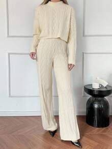 DAZY Women's Casual Everyday Commute Simple Solid Color Turtleneck Cable Knit Sweater And Straight Leg Knit Pants 2 Pieces Set, Autumn/Winter