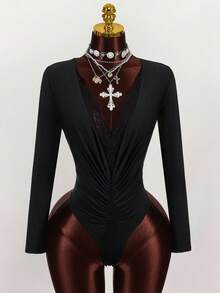 Y2K Amplova BLACK Christmas New Year Thanksgiving Sequins Party Chic Retro Deep V-Neck Lace Trim Ruched Bodysuit, Sexy Long Sleeve Suitable For Party And Date - Black - View 3