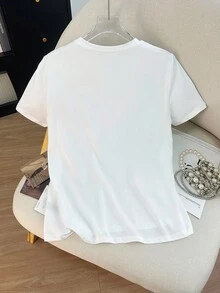 SHEIN 女士 3D 花卉印花圆领短袖休闲 T 恤 - 白色 - 查看 2