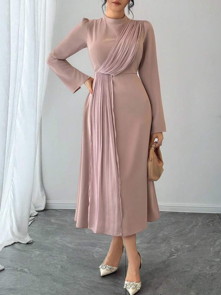 Women's Solid Color Stand Collar Long Sleeve Pleated Design Elegant Mid-Length Dress Maxi Dress